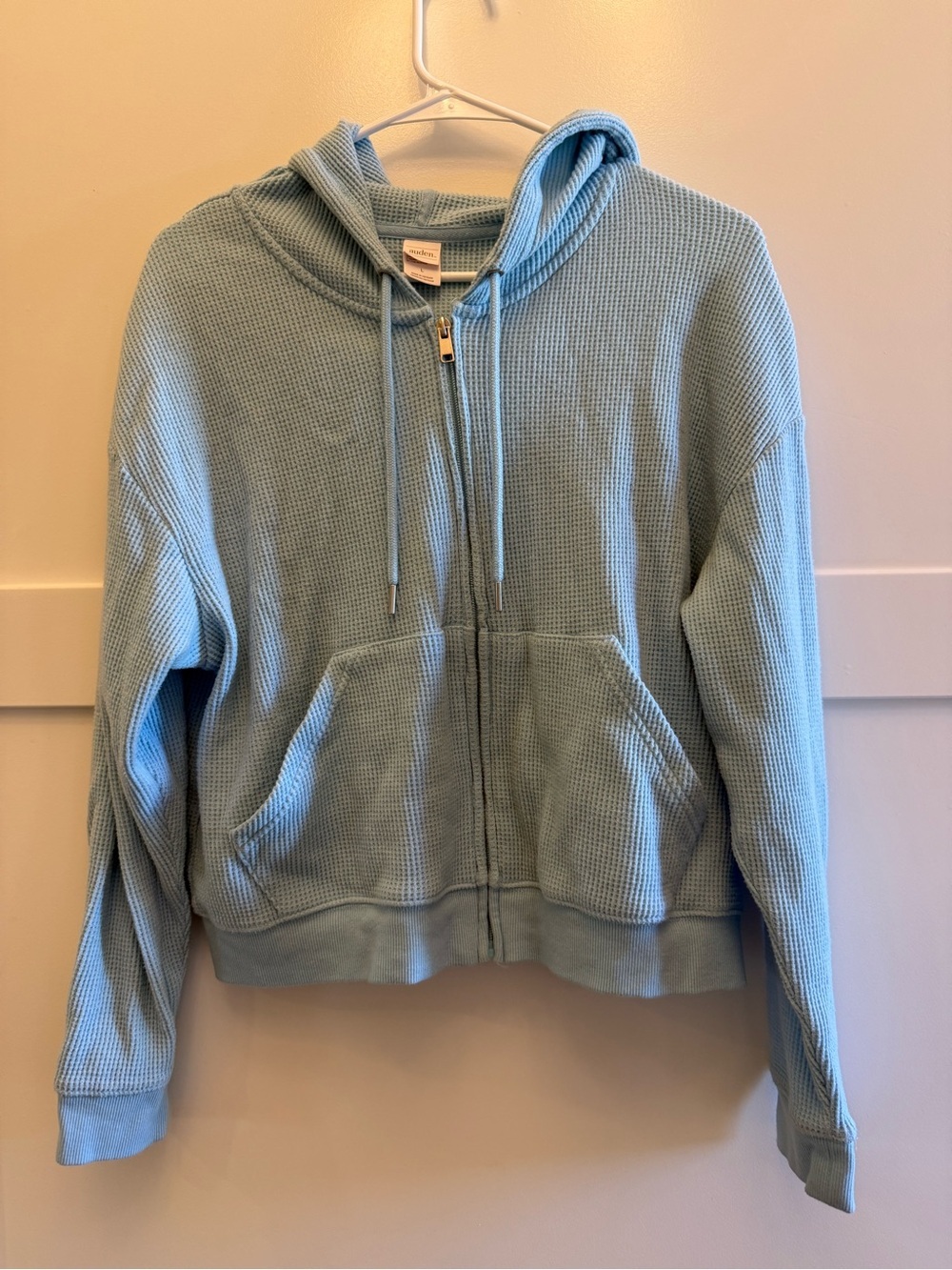 Women’s Light Blue Waffle Knit Full Zip Hoodie Size Large Cozy Lounge Casual